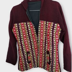 Womens Wool Jacket Sz Medium Hoodie Zip Front Vtg Cabincore Hippie Bohemian Boho